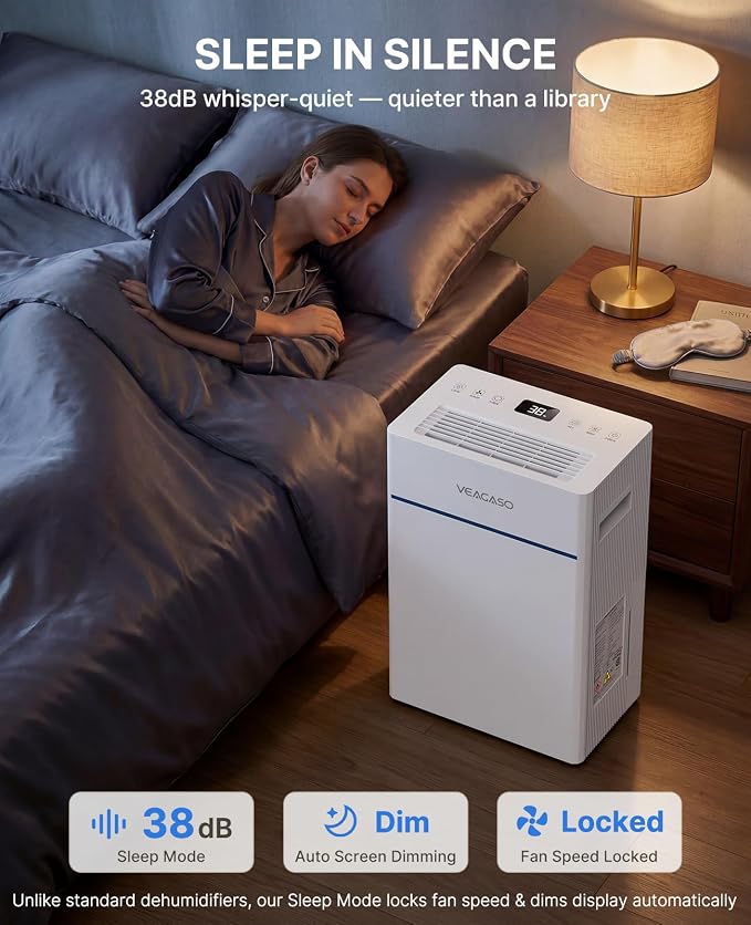 VEAGASO 2500 Sq.Ft. Dehumidifier for Basement with Drain Hose, 32 Pints Dehumidifiers for Home, Bedroom, Garage, 38dB Sleep Mode, Auto-Defrost, 3 Modes, 24H Timer