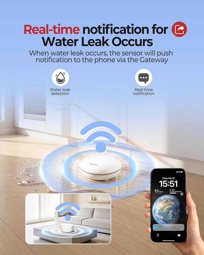 Heiman Water Leak Detector for Home, Water Sensor Alarm Leak Detector, Battery Operated Flood Smart WiFi Water Sensor for Basement/Sump Pump, Real-Time App Alert and Sound Alarm, 3-Pack with Gateway