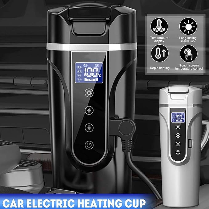 Akozon Smart Temperature Control Travel Coffee Mug 450ml 12-24V Electric Heated Travel Mug Stainless Steel Car Cup 0-100℃ Adjustable,20-25 MIN Quick Heating