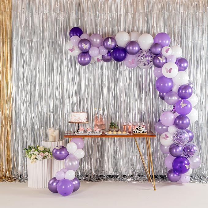 Restaurantware-Balloonify Balloon Garland Set, 1 Party Decoration Kit - 110 Balloons, With Chain, Confetti Purple & White Latex Balloon Arch Kit, Includes Glue Dots, Ribbon & Knot