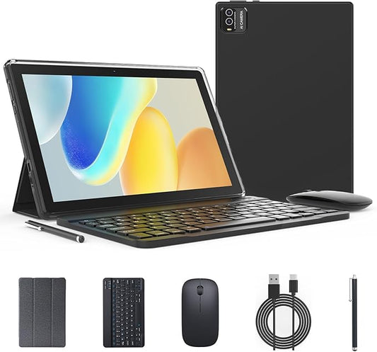 Andoird 14 Tablet 10 inch, 2 in 1 Tablets with Keyboard Case Stylus Mouse, 12GB RAM 64GB ROM 1TB Expand, Octa-Core 2.0Ghz, 5G WiFi, BT5.0, 6000mAh, 8MP Camera, 1280 x 800 HD Screen, Widevine L1, GMS