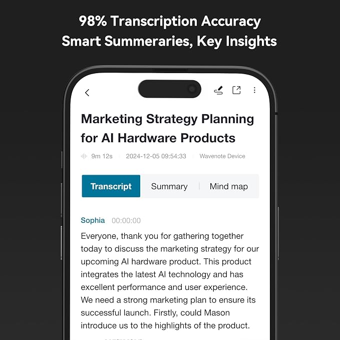 WaveNote AI Voice Recorder, Transcribe & Summarize Recorder, 42 Hours Continuous Recording, Support 112 Languages, 64GB AI Recorder for Meetings, Lectures, Calls,Multi-Speaker Voice Recognition