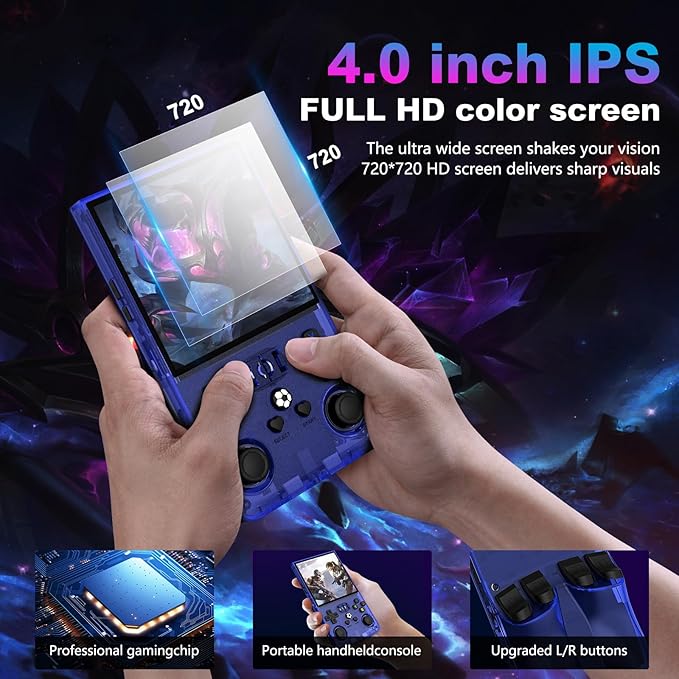 R36MAX Retro Handheld Game Console, 4.0 Inch 720x720 IPS Screen, 64GB Built-in 18,000+ Classic Game, Portable Hand Held Open Source Linux System, 4000mAh Battery Retro Gaming Console(Blue 64GB)