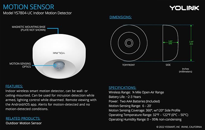 YoLink LoRa 1/4 Mile Wireless Range Smart Motion Detector, Indoor Motion Sensor, Motion Detector, Alexa, IFTTT, YoLink Hub Required