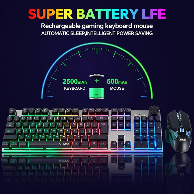 Wireless Gaming Keyboard with knob and Mouse Combo USB Dongle 2.4G Rechargeable 3000mAH Battery RGB Backlit Stainless Panel 4200DPI Side Button Mice for PC Laptop Compatible with Windows 8/9/10 MacOS