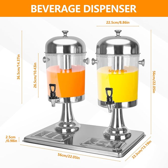 Drink Dispenser with Stand, 4.2 Gallon Beverage Dispenser for Parties, Stainless Steel Dual-Head Juice Dispenser with Centre Ice Core and Drip Trays for Parties, Buffet Cafeterias, Homes