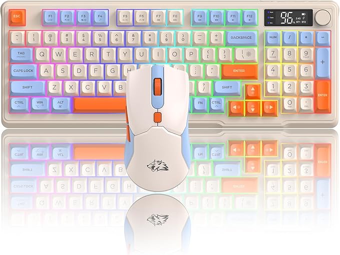 ZIYOU LANG T96 Wireless Gaming Keyboard and Mouse Combo,Dual Bluetooth/2.4G RGB Backlit Mechanical Feeling Keyboard with Smart Display & Knob,4000 DPI Gaming Mouse for PC Laptop Mac Wins-Blueberry