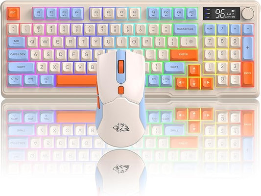 ZIYOU LANG T96 Wireless Gaming Keyboard and Mouse Combo,Dual Bluetooth/2.4G RGB Backlit Mechanical Feeling Keyboard with Smart Display & Knob,4000 DPI Gaming Mouse for PC Laptop Mac Wins-Blueberry