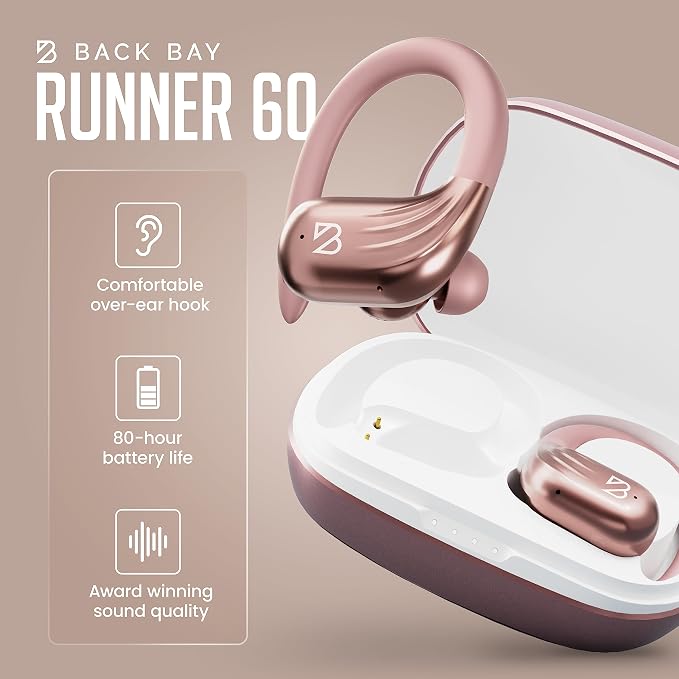 Back Bay Audio Runner 60 - Rose Gold Wireless Running Earbuds, 80 Hour Long Battery Life Over the Ear Earbuds with EarHooks, Wrap Around Ear Buds Wireless Bluetooth Earbuds with Microphone