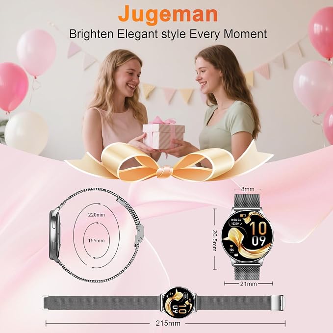 Jugeman Smart Watch for Women, Womens Watch with 24/7 Health Tracking, Bluetooth Calls, Step Heart Rate Sleep Monitor, IP68 Waterproof Wrist Smartwatch for Work Sports, Gift for Women (Silver)