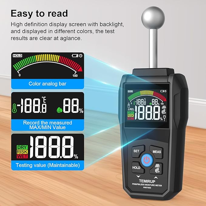 2-in-1 Pin & Pinless Moisture Meter, Digital Moisture Detector for Wood, Drywall & Building Materials, Large Color LCD Display, Acoustic Alarm, Calibration, Detects up to 20-40 mm Below Surface