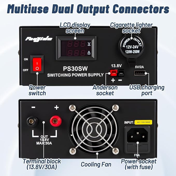 DC Bench Power Supply 30A 13.8V, Universal Regulated Power Supply for Radio, USB+Anderson+Cigarette Lighter Socket Home Lab Benchtop AC-to-DC Converter for CB/HAM/Amateur Radio