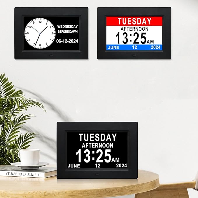 TMC 7 Inch Digital Clock with Day and Date for Elderly - 12 Alarm Options, Auto-Dim, Age Seniors,Elderly, Alzheimer