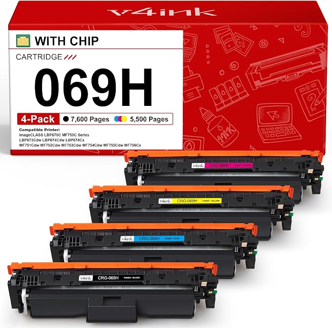 v4ink 069H 069 Toner Cartridges High Capacity Compatible Replacement for Canon 069H 069 Works for Canon Color imageCLASS MF750C LBP670C Series MF753Cdw MF754Cdw MF751Cdw LBP674Cdw Printer 4-Pack