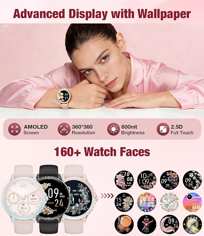 SUNKTA Smart Watch for Women (Answer/Make Call),1.27" Curved Display Smartwatch with Female Cycle/Sleep Monitor,5ATM Waterproof Fitness Tracker 100 Sport Modes Pedometer for Android/iOS,Gold Diamond