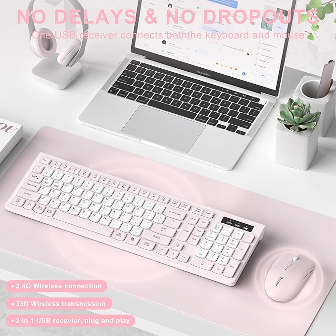 Wireless Keyboard and Mouse Combo, Full-Sized Quiet Wireless Keyboard and Adjustable DPI Mouse, 2.4GHz USB Receiver, Keyboard and Mouse for PC, Windows, Desktop, Laptop (Pink and White-B)