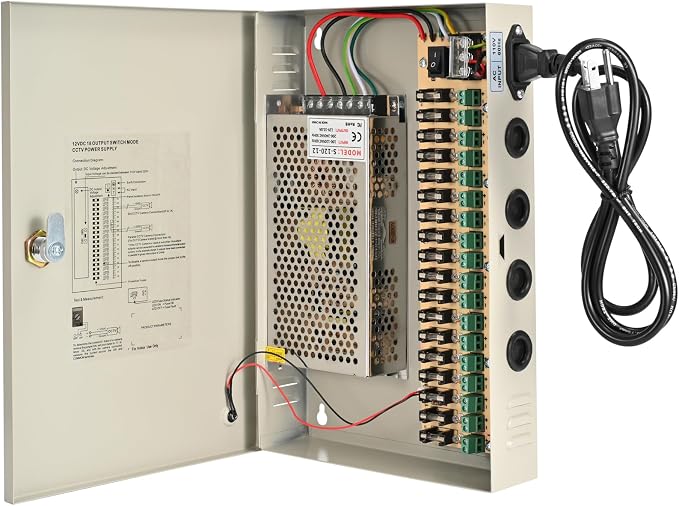 CCTV Power Supply Box 18 Channel 12V 10A, Lockable Metal Power Distribution with Resettable Fuse for Security Cameras DVRs