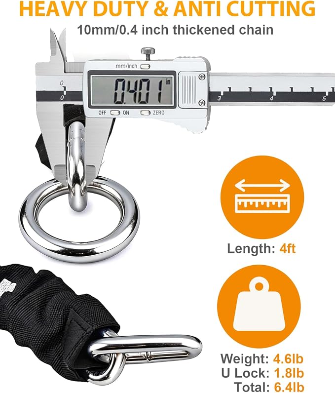 NDakter Motorcycle Chain Locks, Heavy Duty Anti Theft - 18mm Shackle, 4FT x 10mm Thickness Security Chain, Bike U Lock with 3 Keys for Ebike, Escooter, Moped and Gate