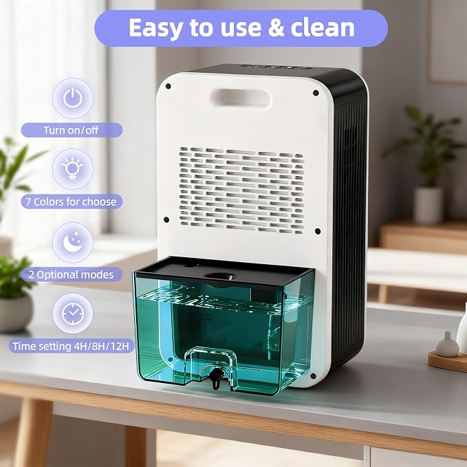 Dehumidifier, 55OZ Dehumidifiers for Home, Quiet with Auto Shut Off, Humidity Display Dehumidifier for Bedroom/Bathroom, Timer, Drain Hose, 7-color LED light, Moisture Absorbers (White)