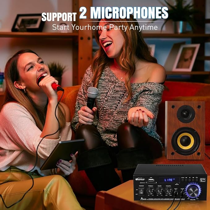 AK45 Pro Stereo Amplifier Home Audio, Stereo Receivers with Bluetooth 5.0,Max 400W, 2.0 Channel Audio Receiver for Home Theater Speakers w/USB/SD/RCA/2 MIC in for Karaok