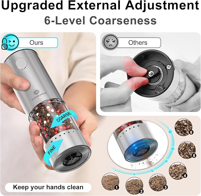 Vivosparks Electric Salt and Pepper Grinder Set - Upgraded 2-Speed Rechargeable Mills with 6-Level External Adjustable Coarseness, Stainless Steel, One-Hand Use, Storage Base