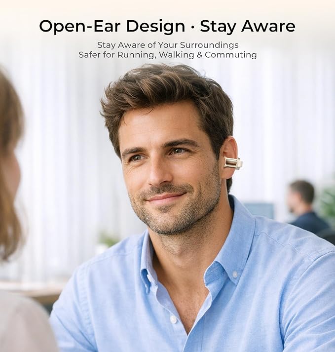 LC-dolida Open-Ear Wireless Earbuds with Smart LED Display Case, Clip On Earbuds All-Day Comfort & Situational Awareness, Case Control for Volume, EQ, Music, Find My Earbuds & Camera, Timer (Cream)