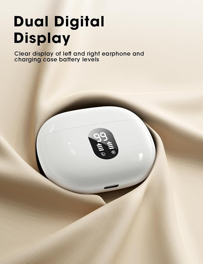 Wireless Earbuds Bass Stereo Headphones Bluetooth 5.3 Ear Buds, 48H Playtime, LED Display in Ear Earphones with Mic, IPX7 Waterproof, Touch Control Lightweight for iPhone/Sports/Laptop BrightWhite