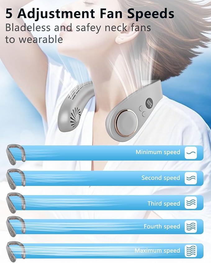Neck Fan that Blow Cold Air with Cooling Plate, Portable Quiet Rechargeable 5500mAh, LED Display Battery &Speed Neck Cooler, Mini Cordless Personal Air Conditioner for Kid Adult Golf Gym Riding, Grey