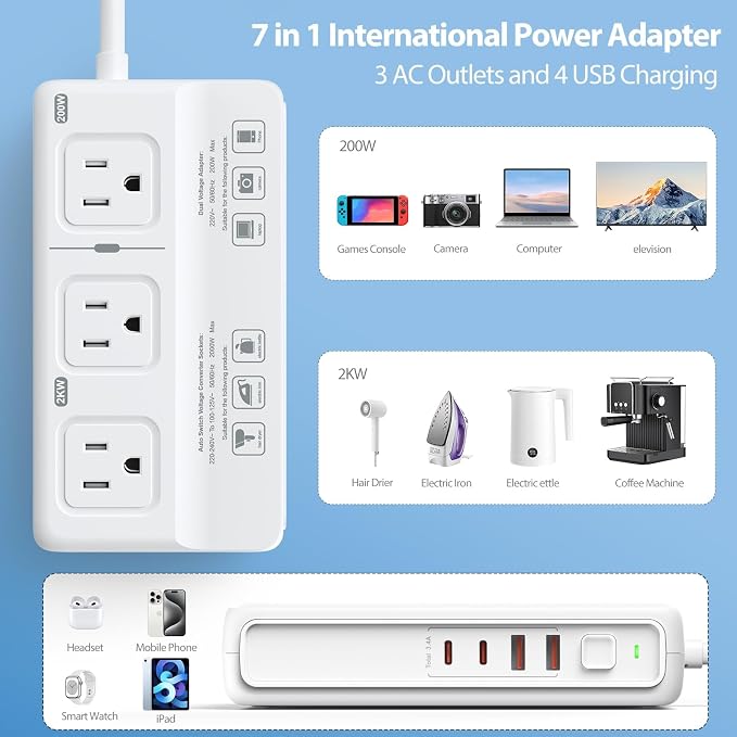 ANTPO 2000W Voltage Converter US to Europe, 220V to 110V Converter for European Travel, Power Adapter for Hair Dryer, Universal Travel Adapter with 3 AC/ 2 USBC/ 2 USBA/EU/UK/AU/IT Plugs