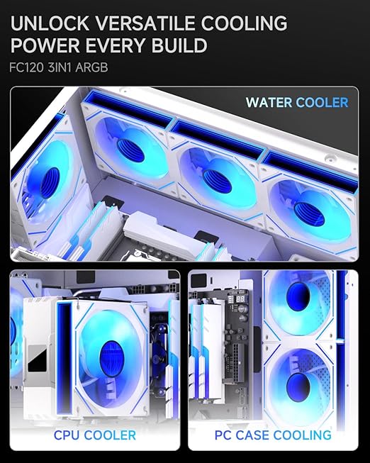 FC 120mm Case Fans White 3Pack, Infinity Mirror PWM PC Fans Reverse with Multiple Lighting Modes, ARGB Sync & Remote Control, Daisy Chain, High Airflow HDB, Compatible with CPU Liquid Coolers