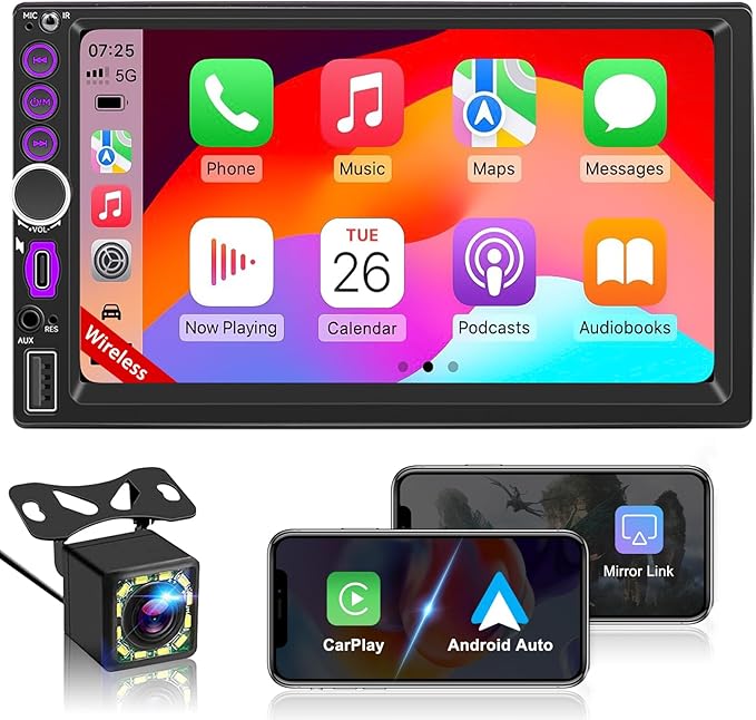 7'' Wireless Double Din Car Stereo Carplay Radio Screen for Car Audio Receivers, Bluetooth Car Play Android Auto Touchscreen, Mirror Link, FM/AM, Backup Camera, Type-C