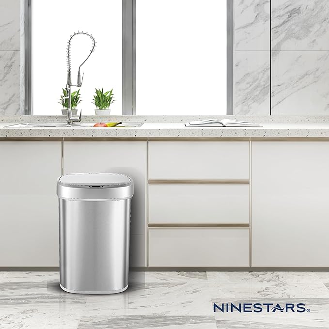 Ninestars DZT-50-49 Automatic Touchless Motion Sensor Oval Trash Can with Black Top, 13 gallon/50 L, Stainless Steel