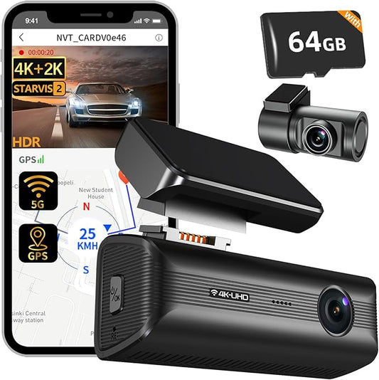 4K Dual Dash Cam Front and Rear, STARVIS 2 Sensor,5G WiFi - up to 20MB/s Fastest Download,Bulit-in GPS Dash Camera for Cars & Night Vision,170° Wide Angle,G-Sensor,24H Parking Mode,with 64GB Card