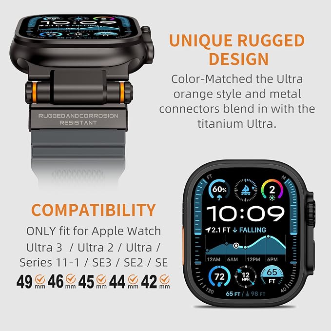 FOAMUNOC Rugged Band Compatible with Apple Watch Ultra 3/2/1 Band 49mm/46mm/45mm/44mm/42mm, Metal Connector with Silicone Strap for iWatch Ultra Series 11/10/9/8/7/6/SE3/SE2/SE/5/4/3/2/1, Gray/Black