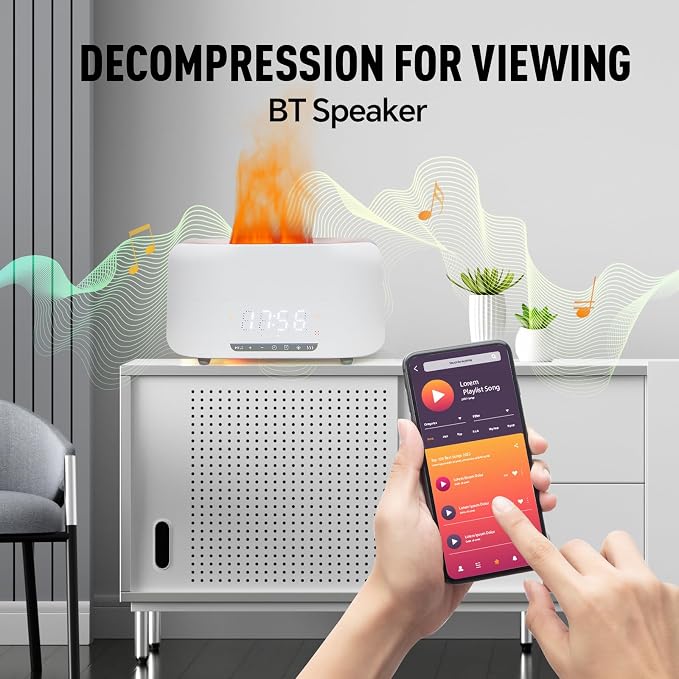 Aroma Essential Oil Diffuser & Humidifier 400mL, 5-in-1 Flame Effect Ultrasonic Diffuser with Bluetooth Speaker, LED Night Light & Clock, Quiet Diffuser for Bedroom Sleep Relaxation(Black)