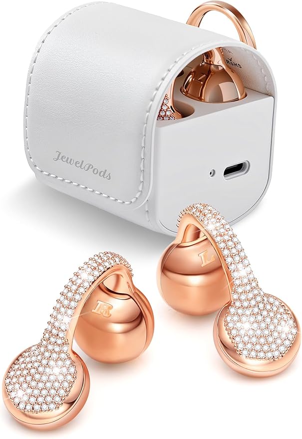 JewelPods C01Pro Open Ear Headphones, Luxury Jewelry Earbuds, Rose Gold | Clip-On Wireless Bluetooth Earbuds Secure, Lightweight, Premium Audio-Water Resistant-Up to 72 hrs Play,Gift for Her