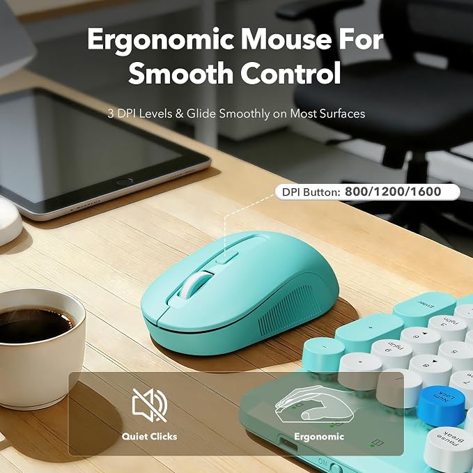 Wireless Keyboard and Mouse Combo with Detachable Magnetic Wrist Rest, Retro Typewriter-Style Keyboard, Round Keycaps, Adjustable Legs, 3-Level DPI Mouse, 2.4GHz for Windows PC/Laptop (Turquoise Blue)