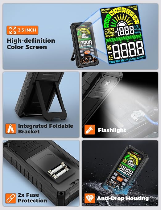 Digital Multimeter Tester 10000 Counts, Smart Multimeter Rechargeable, Auto-Ranging Voltmeter for Measuring Voltage and so on, Dual Fuse Overload Protection, Foldable Stand, Smart Input Jack Warning