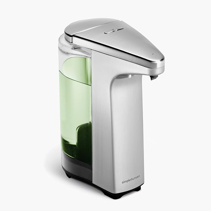 simplehuman 8 oz. Touch-Free Sensor Liquid Soap Pump Dispenser with Soap Sample, Brushed Nickel and simplehuman Slim Sink Caddy Sponge Holder, Brushed Stainless Steel