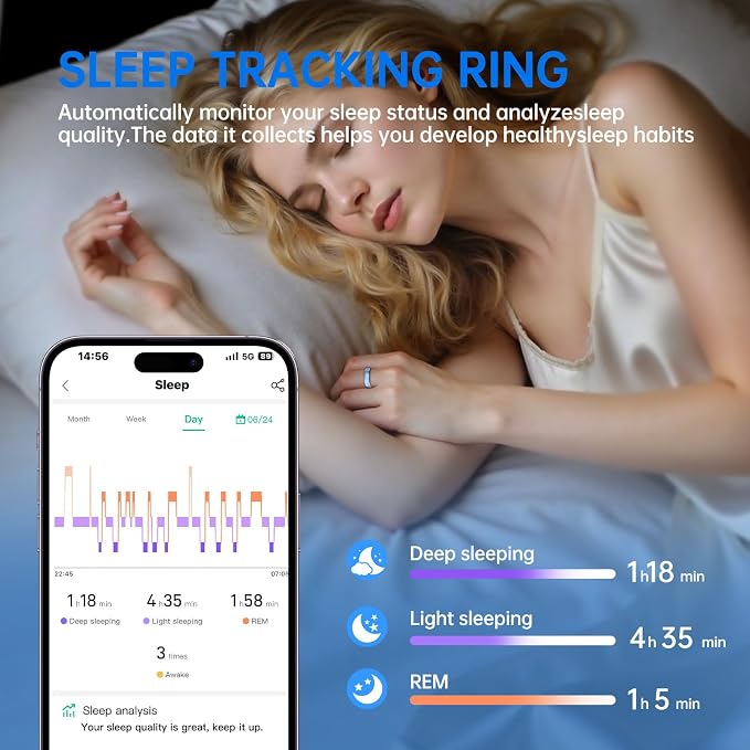 Smart Ring for Women & Men, Health Tracker Ring with Heart Rate, SpO2, Blood Pressure,Temperature, HRV & Stress, IP68 Waterproof Fitness Ring, Sleep Tracker for iPhone & Android, No App Fee(Blue, 9#)