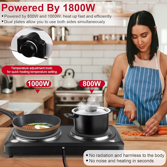 1800W Infrared Dual Burner Portable Electric Hot Plate | 7.5” & 6.3” Glass Cooktops with Stepless Temperature Control (302℉ to 1022℉) | Compact Heating Solution for Home, RV, Camping, and Dorms