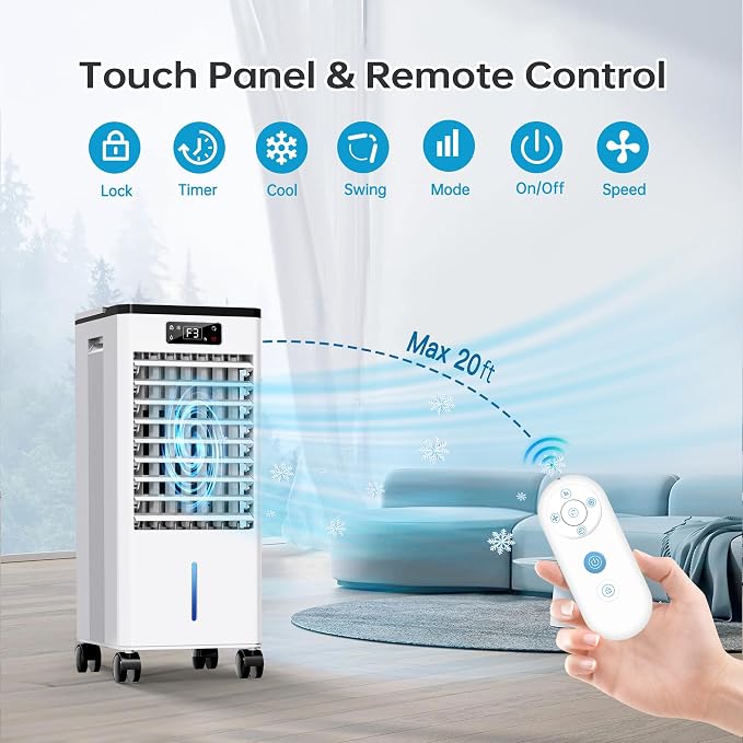 Feculs Portable Air Conditioners No Windows Needed, 3-IN-1 Swamp Cooler, Evaporative Air Cooler, 4 Modes & 3 Speeds, 2-Gal Water Tank for Long Cooling, Max 20 FT/S Remote Control, 12 Hours Timer