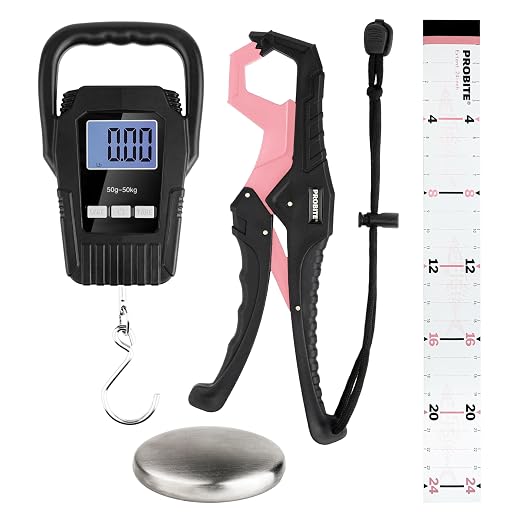 Fishing Tool Kit with Fish Gripper, Portable Fish Scale, Stainless Steel Soap & Measuring Ruler – Saltwater Resistant Tackle Accessories for Freshwater and Saltwater Anglers (4, Black & Pink)