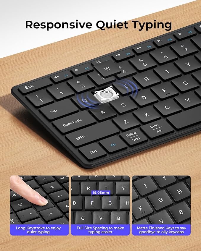 seenda Wireless Bluetooth Keyboard and Mouse Combo, SKM64-3 Rechargeable Slim Quiet Keyboard Mouse, 3 Multi-Device Connection, Compatible for Windows 11/10 PC Laptop Mac MacBook iPad, Black