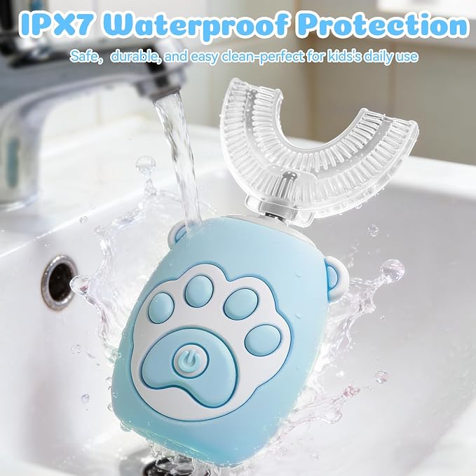 Kids U Shaped Electric Toothbrush for Age 2-12, Rechargeable Toddler Toothbrush with Smart Timer & 3 Clean Modes, Cat's Claw Design, IPX7 Waterproof, 3 Brush Heads & 360°Cleaning