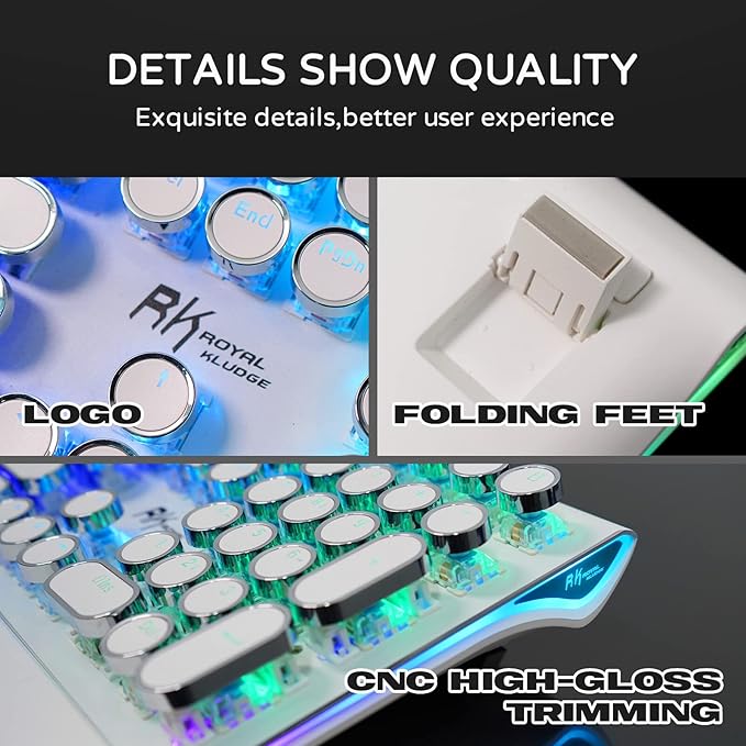 RK ROYAL KLUDGE S108 Typewriter Mechanical Keyboard, Full RGB Gaming Keyboard, Wired PC Game Keyboards with Detachable Wrist Rest and Number Pad, Retro Round Keycaps, Brown Switch White