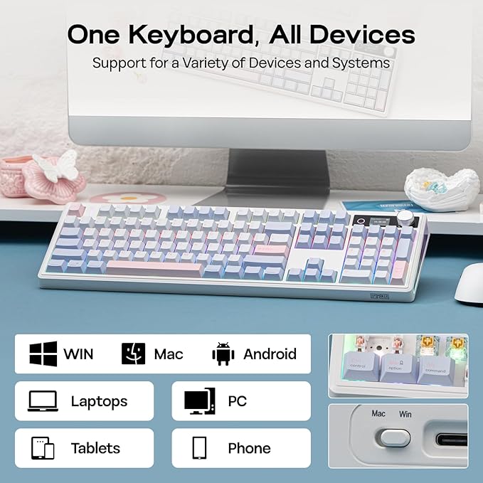 EPOMAKER TH108 V2 PRO Full Size Mechanical Keyboard with Screen&Knob, 10000mAh, BT/2.4Ghz, Mac Modifier PBT Keycap, Hot Swap, RGB, Gasket, Wireless Gaming Keyboard for Mac/PC (Blue, Creamy Jade)
