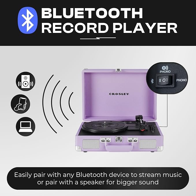 Crosley CR8005F-LN Cruiser Plus Vintage 3-Speed Bluetooth in/Out Suitcase Vinyl Record Player Turntable, Lavender