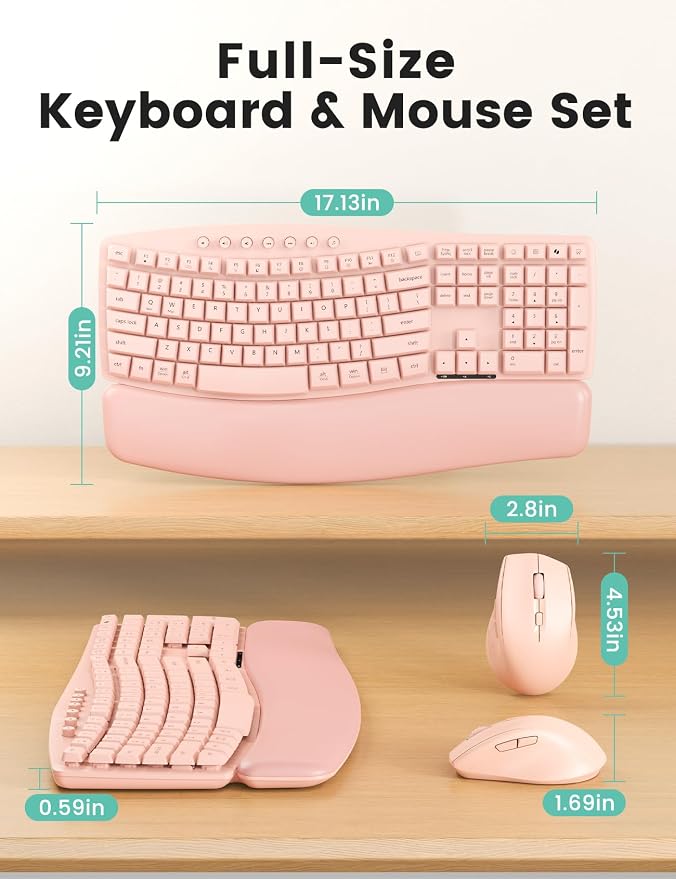 Pink Wireless Keyboard and Mouse Combo, 30dB Quiet Ergonomic Wave Keyboard Set with Soft Leather Palm Rest, Dual-System Switch for Windows/Mac, Ideal for Business Teams Home Office - SABLUTE MA41