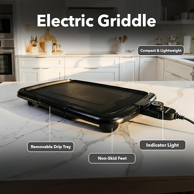 OVENTE Electric Griddle with 16 x 10 Inch Flat Non-Stick Cooking Surface, Removable and Adjustable Temperature Control, Indoor Grill for Instant Breakfast, Pancakes, Eggs or Burgers, Black GD1610B